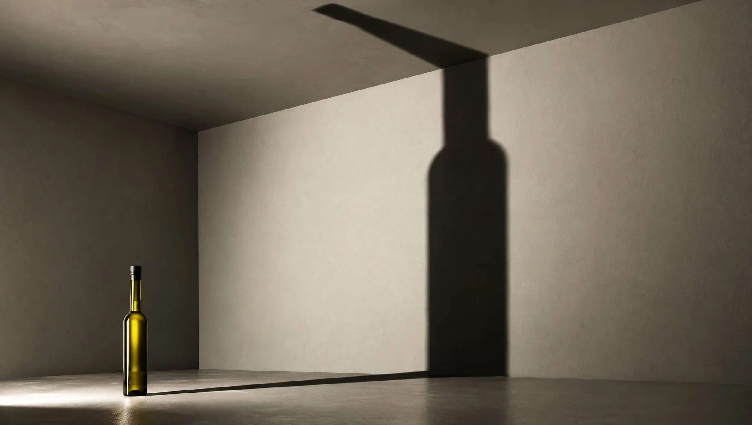 The shadow of an olive oil bottle cast across a pale corner.