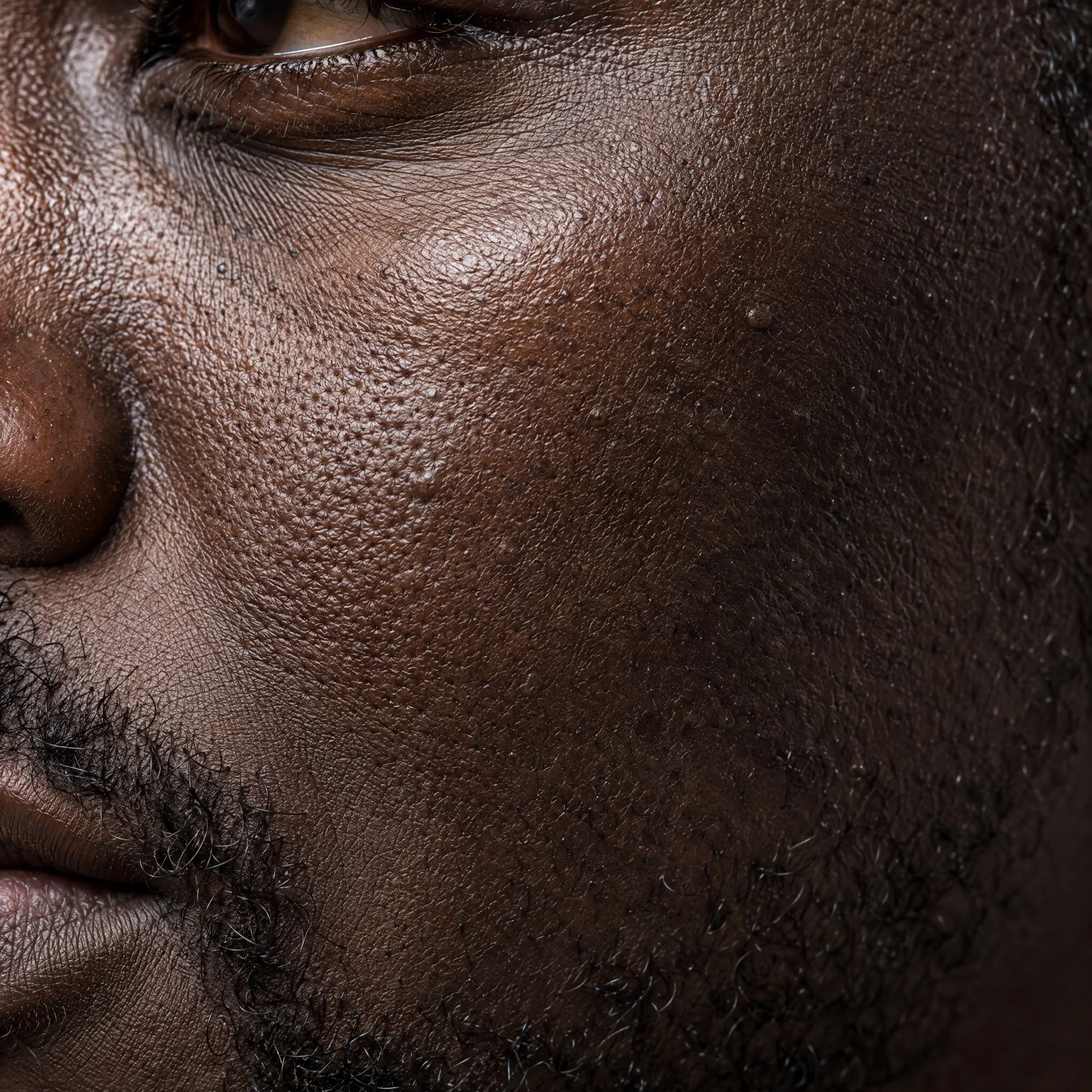 Extreme macro of a man's deep brown cheek and eye.