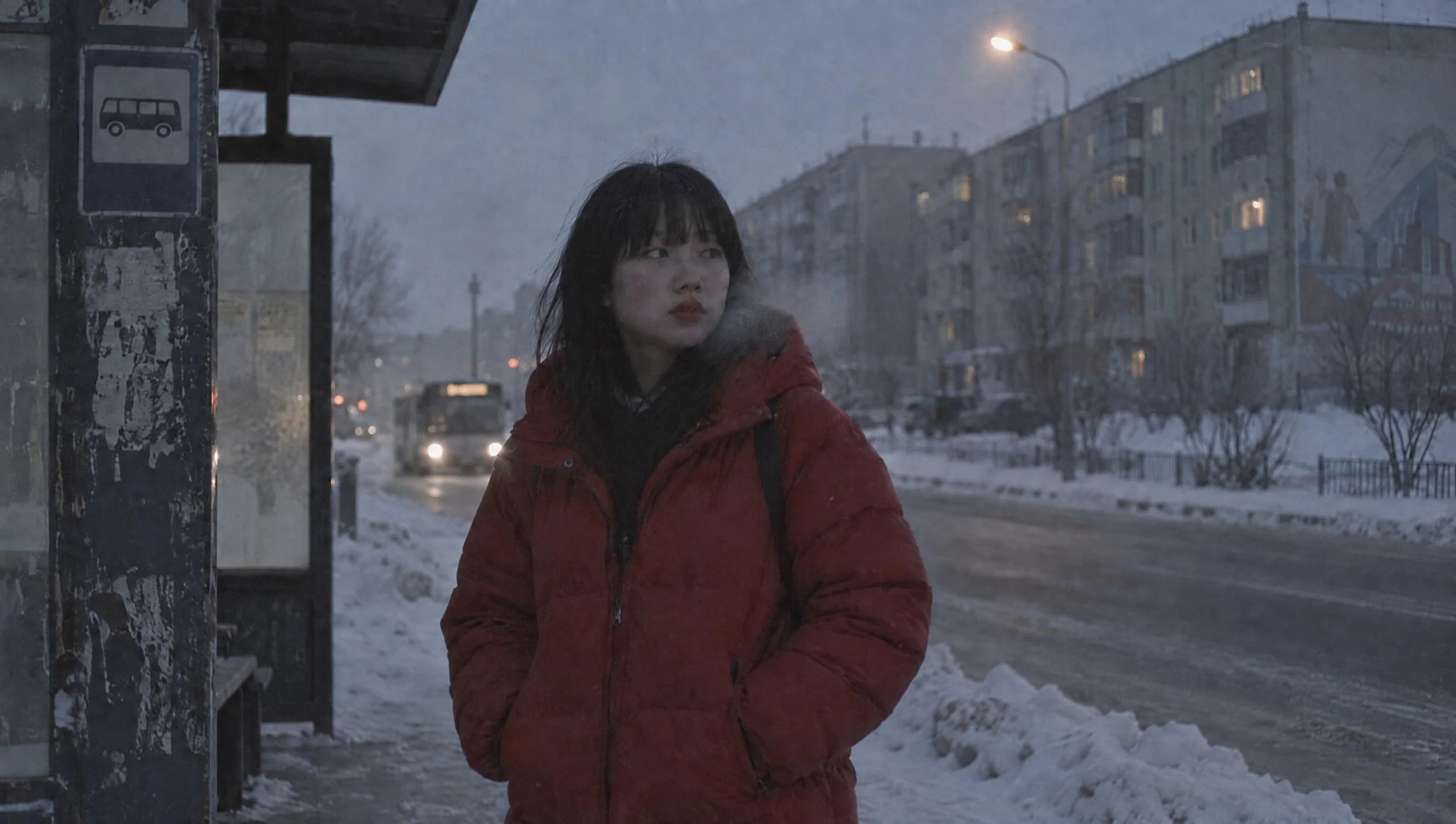 A woman in a red puffer coat waiting at a bus stop in the snow.