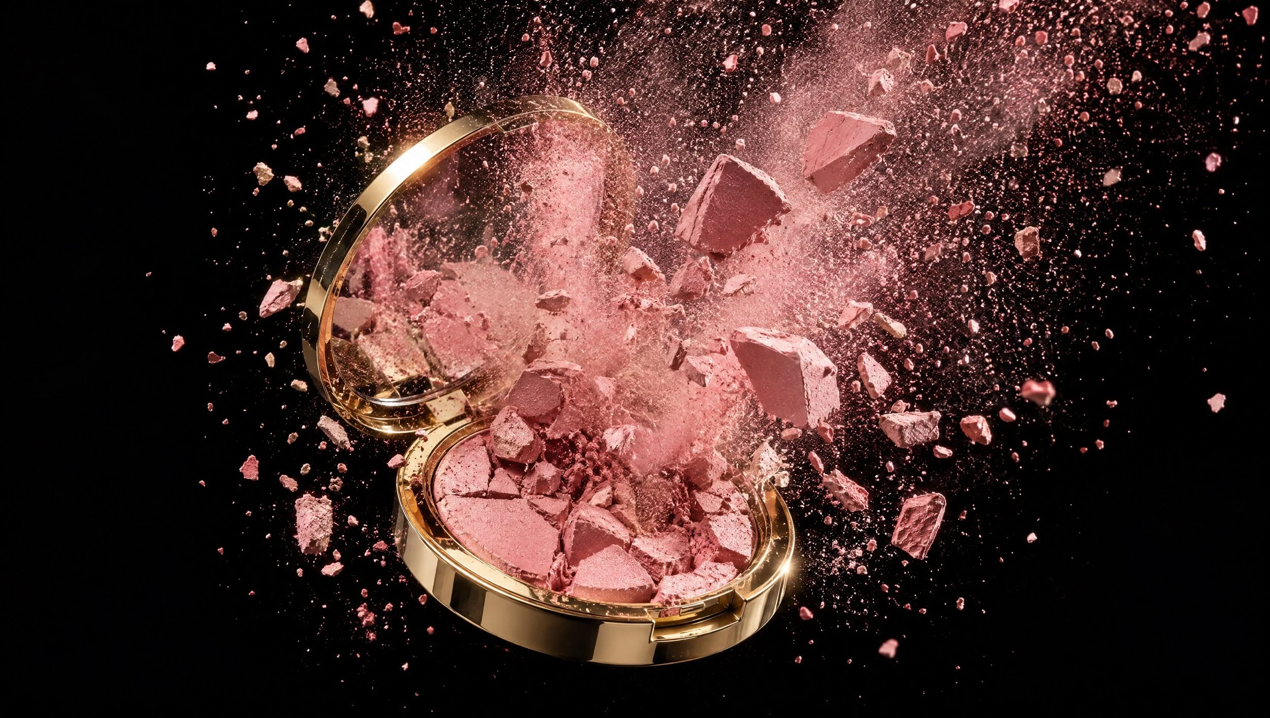 A blush compact exploding into a cloud of pink powder.
