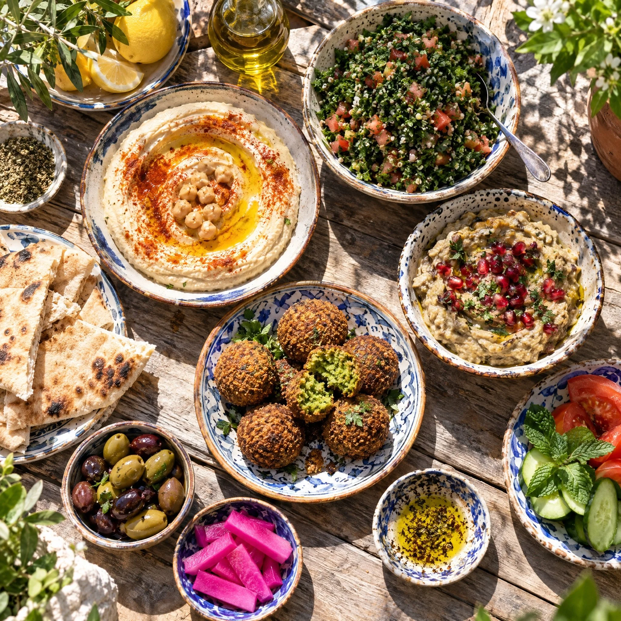 A table spread with Lebanese mezze, from hummus to falafel.