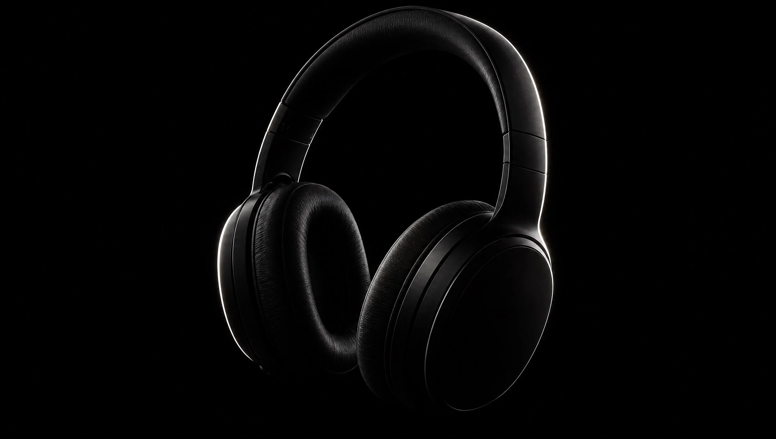 Black over-ear headphones outlined by edge light against black.