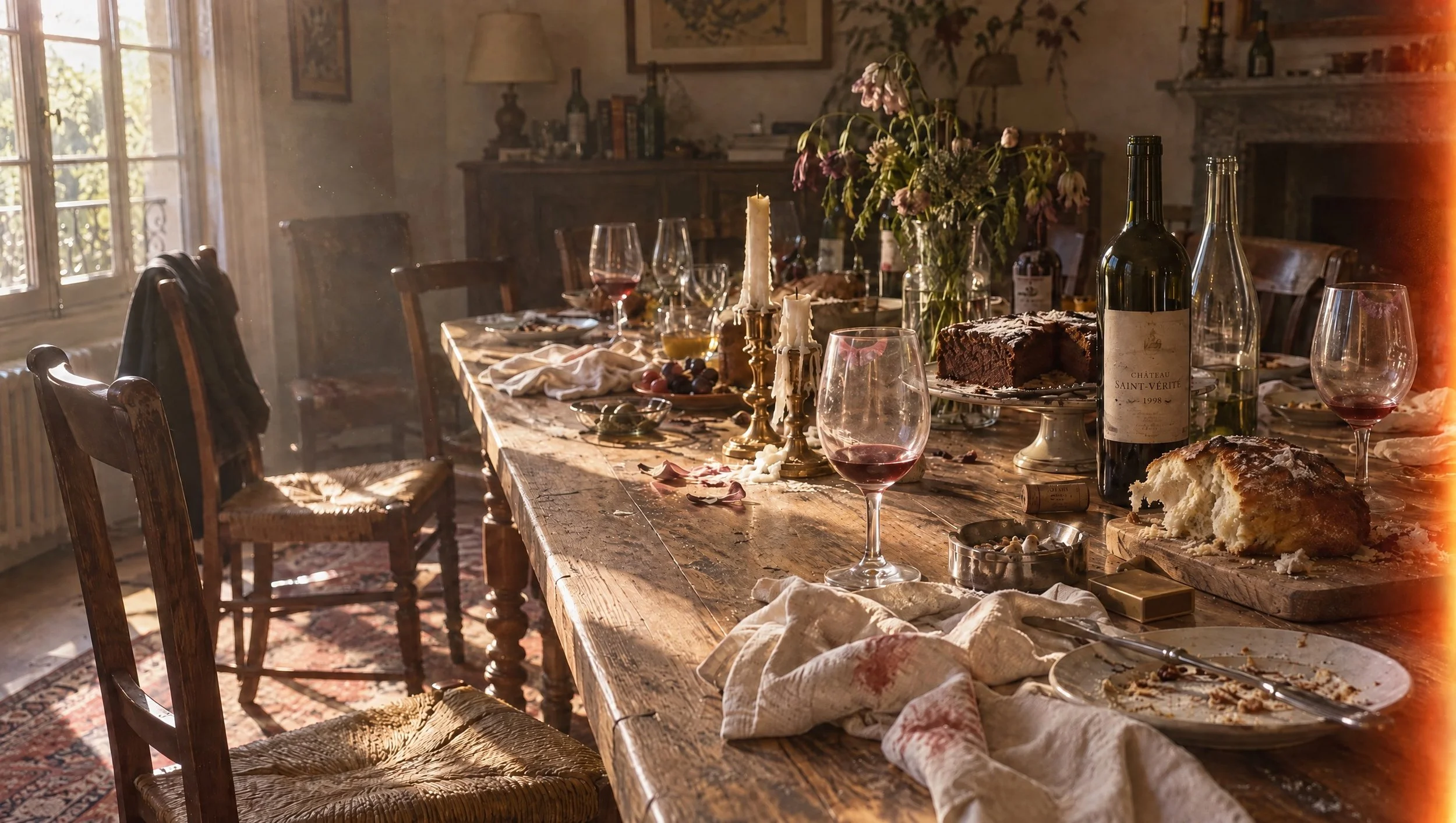 A long dinner table in morning light, the morning after a party.