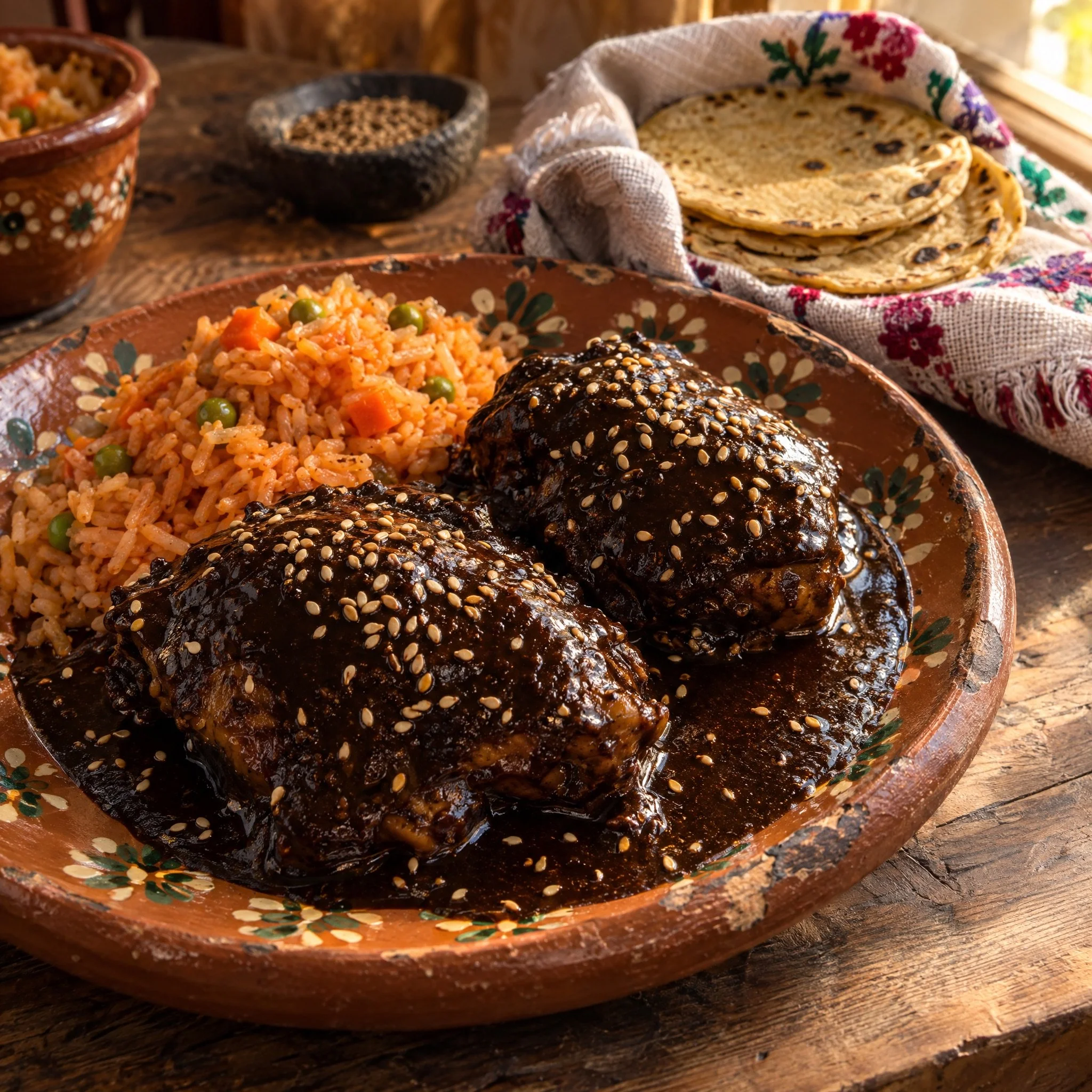Chicken mole with sesame seeds, red rice and warm tortillas on a clay plate.