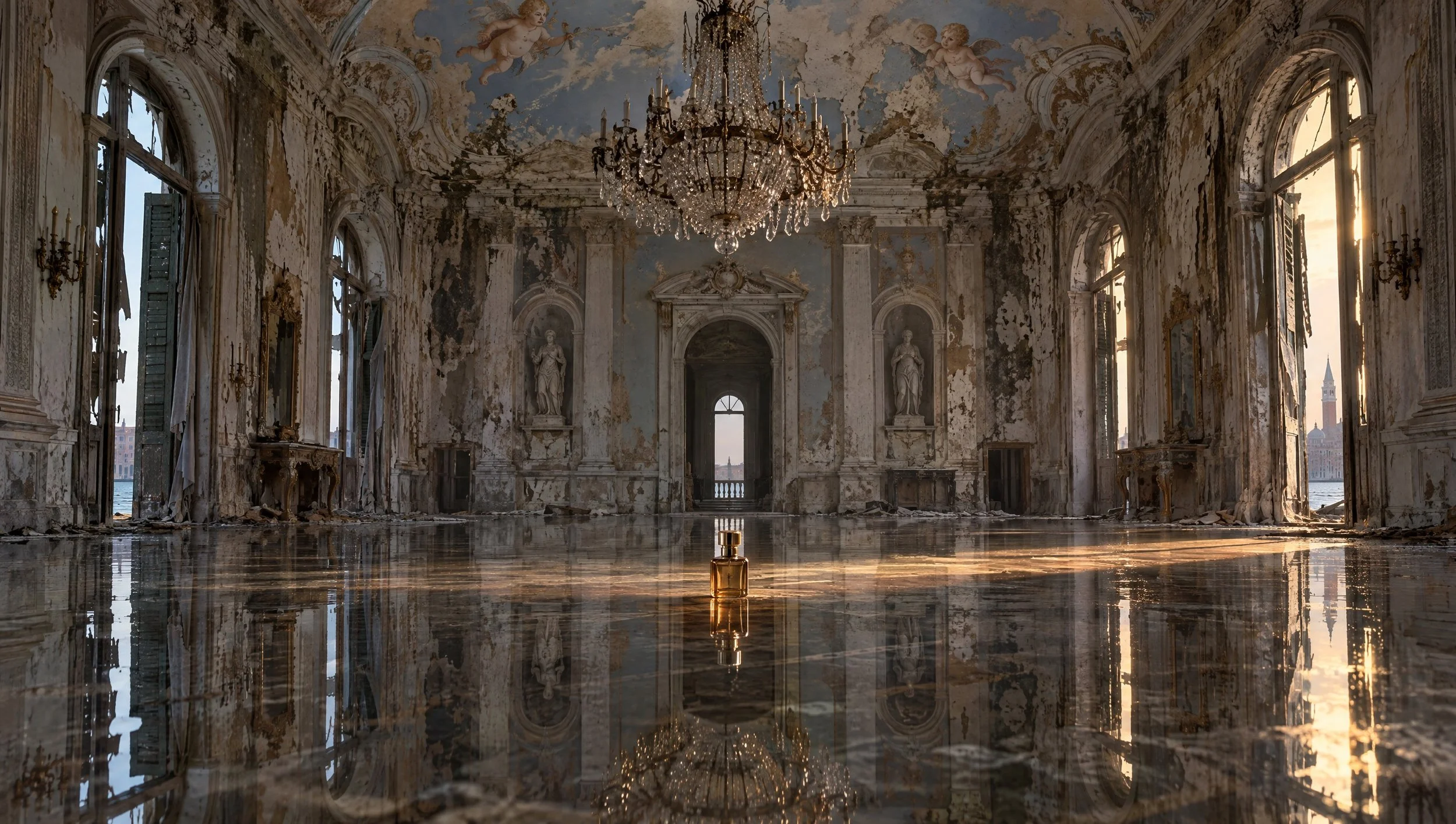 A perfume bottle standing in a flooded palazzo ballroom.