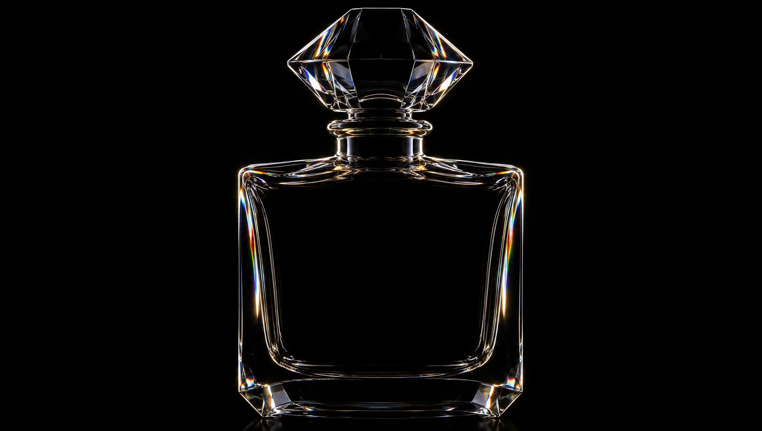 A glass perfume bottle outlined by edge light against black.