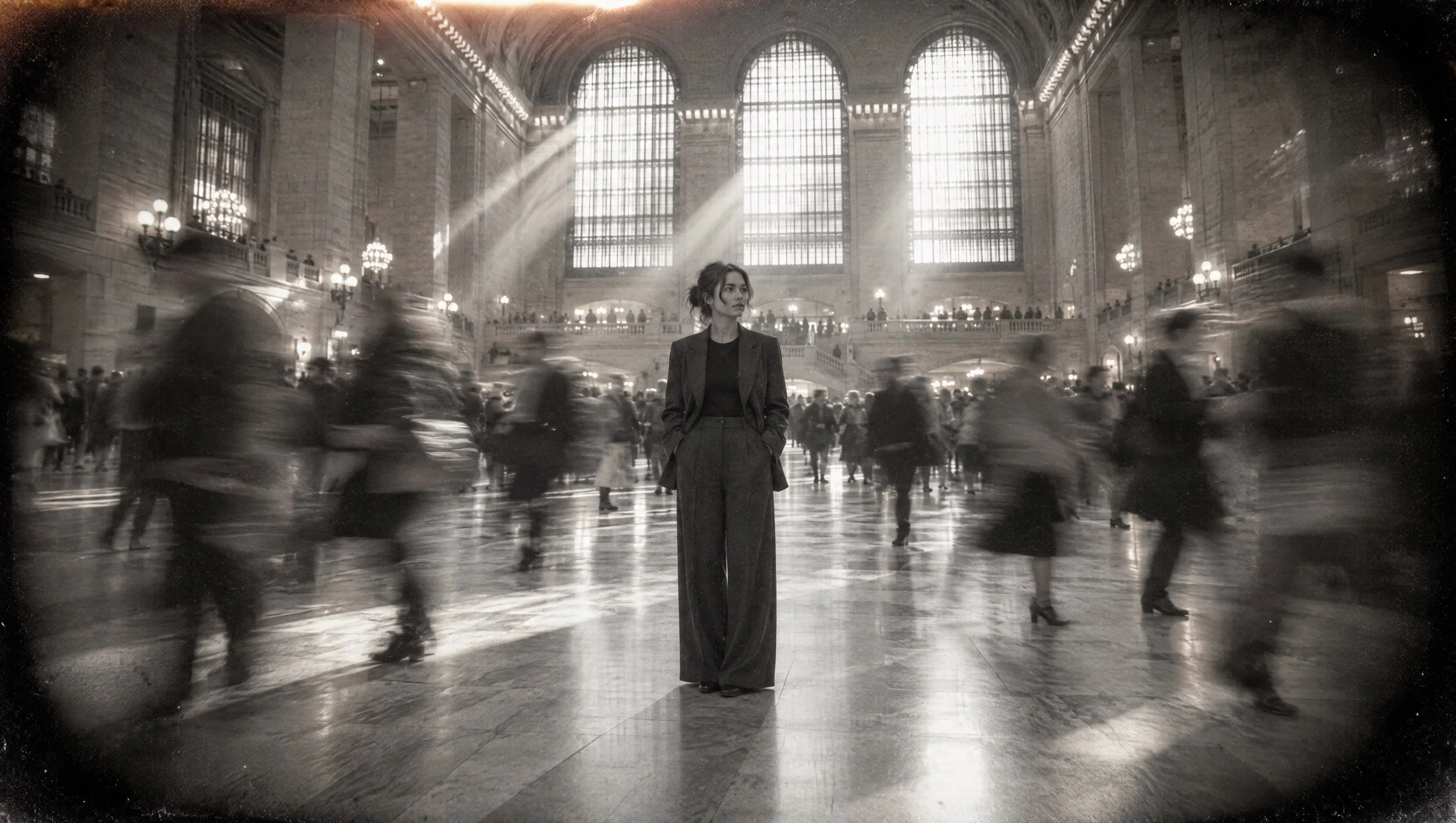 A woman standing still among blurred commuters in Grand Central Terminal.