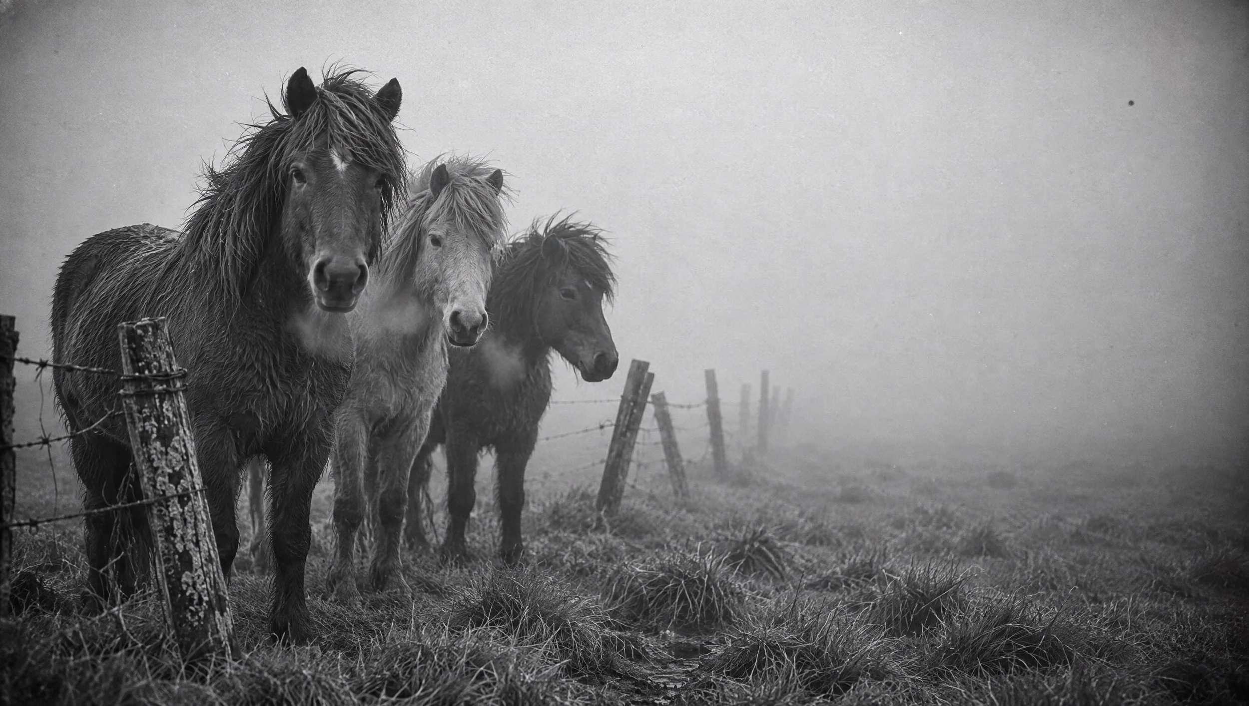 Wild horses standing in a foggy field.
