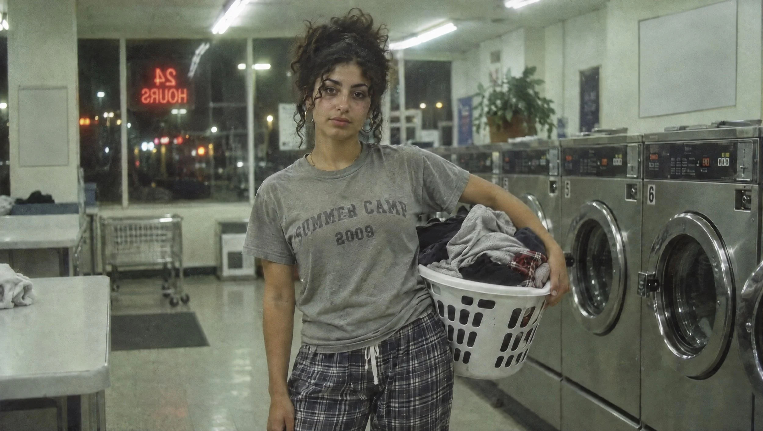 A woman holding a laundry basket in a laundromat.