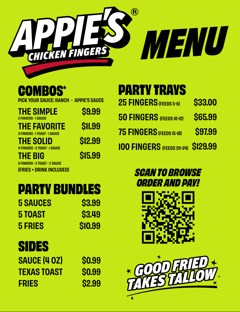 Menu from Appie's Chicken Fingers listing combo options, party trays, party bundles, and sides.