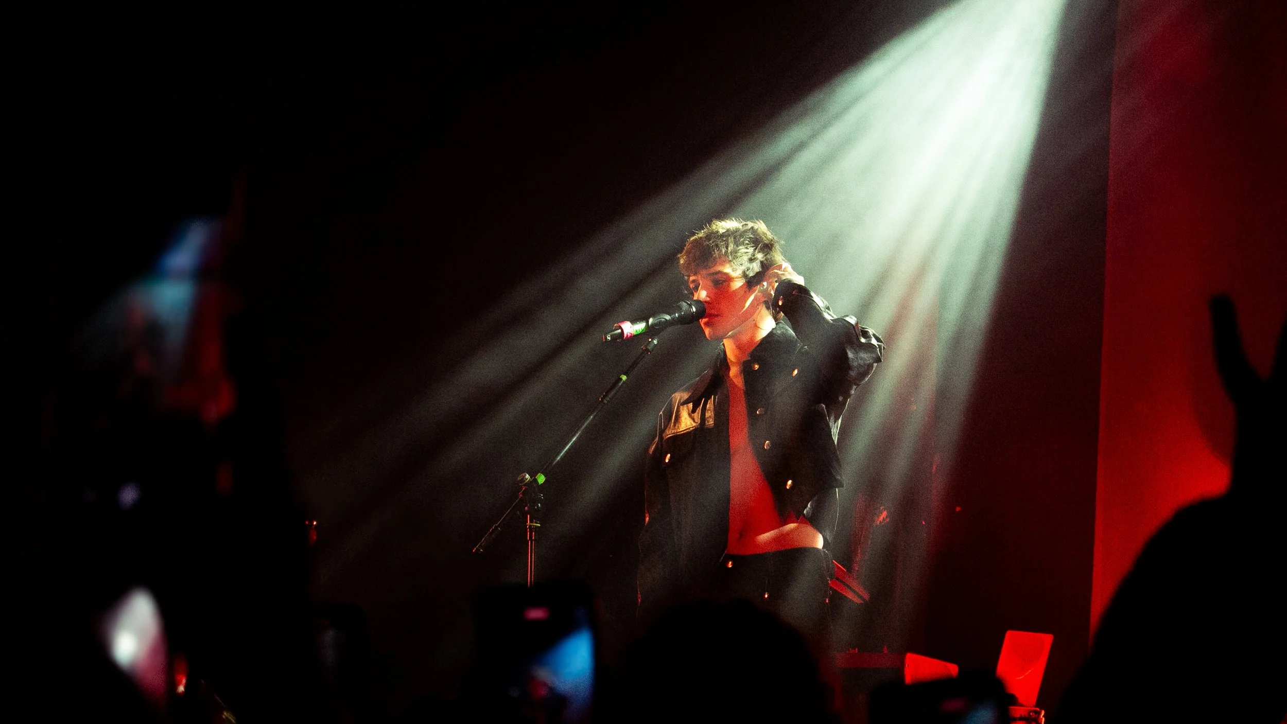 Ragazza cantante sul palco con luci di scena rosse e verdi, musica, pubblico e persone che scattano foto. Concerto Alex Wyse 