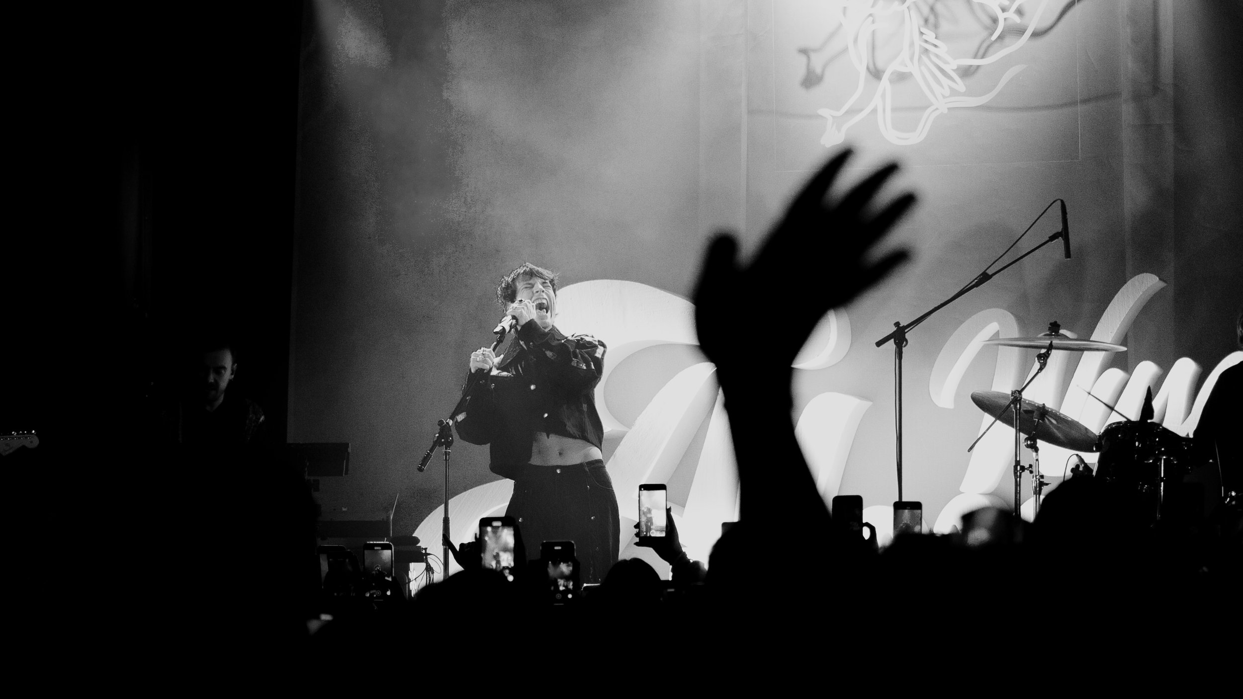 Una performance dal vivo con una cantante che canta in palco, con pubblico che riprende con telefoni, sfondo con luci e decorazioni. Concerto Alex Wyse