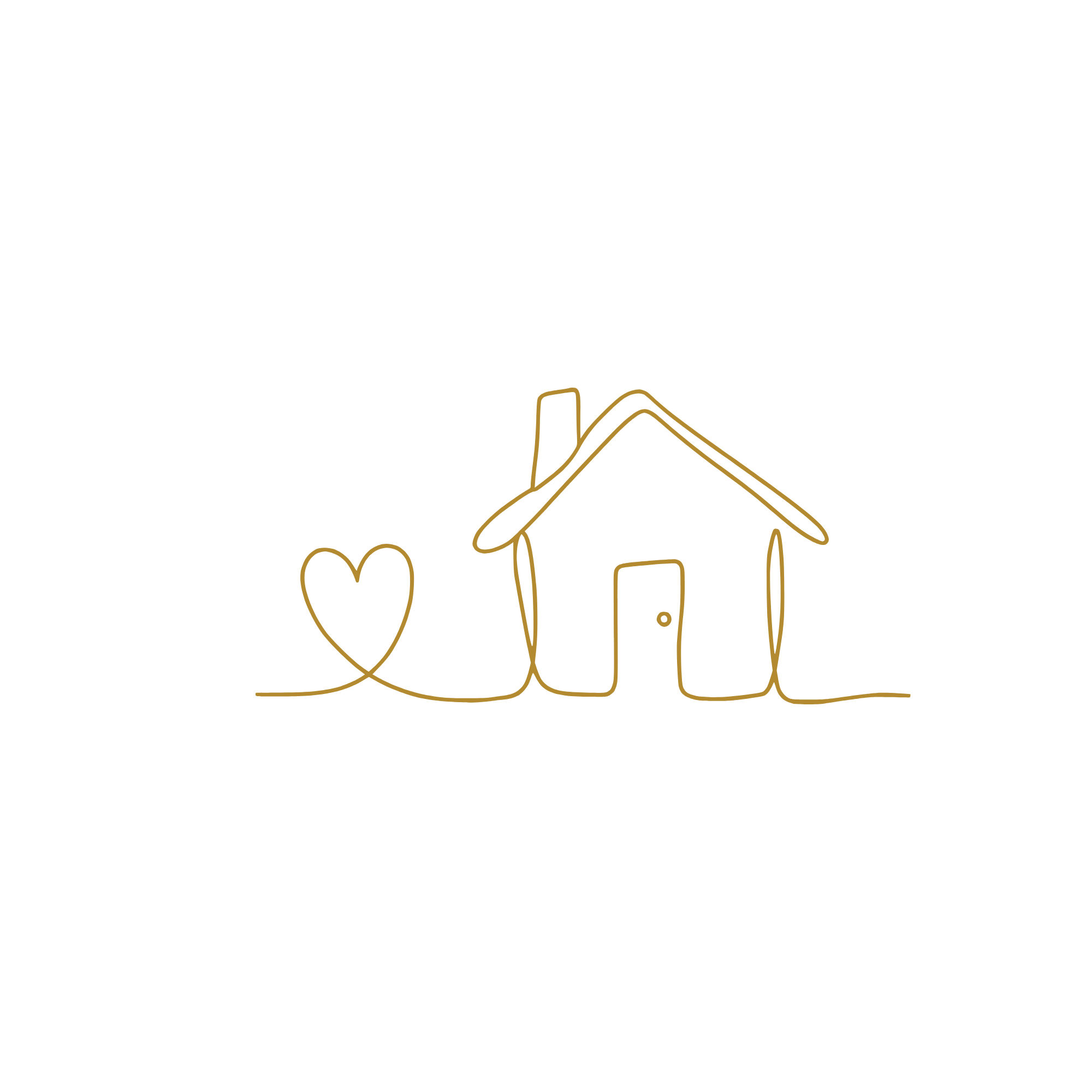 Black background with gold lines forming an apple, a house, and a heart, along with a stylized human figure.
