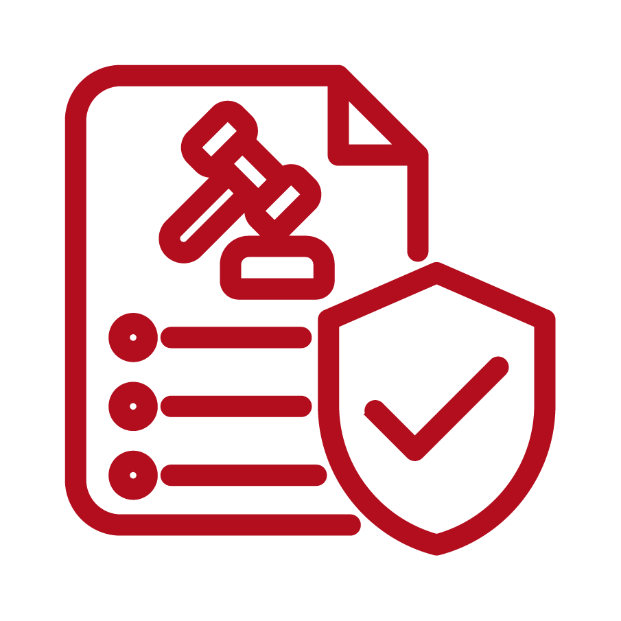Icon of a document with a gavel above a shield with a check mark, representing legal or security approval.