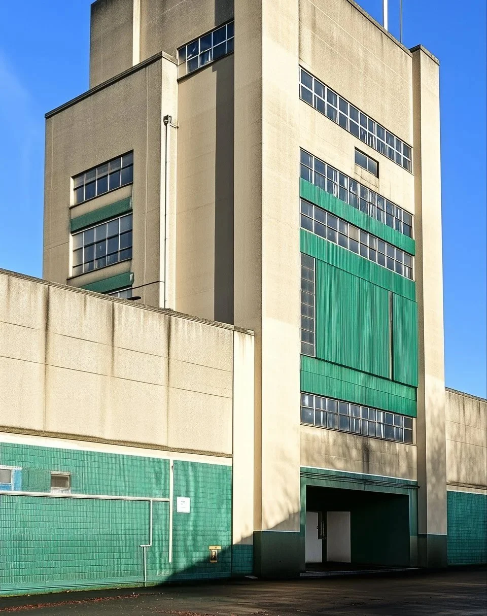 A tall, multi-story beige and green building with several windows and an entrance at the bottom, under a clear blue sky.