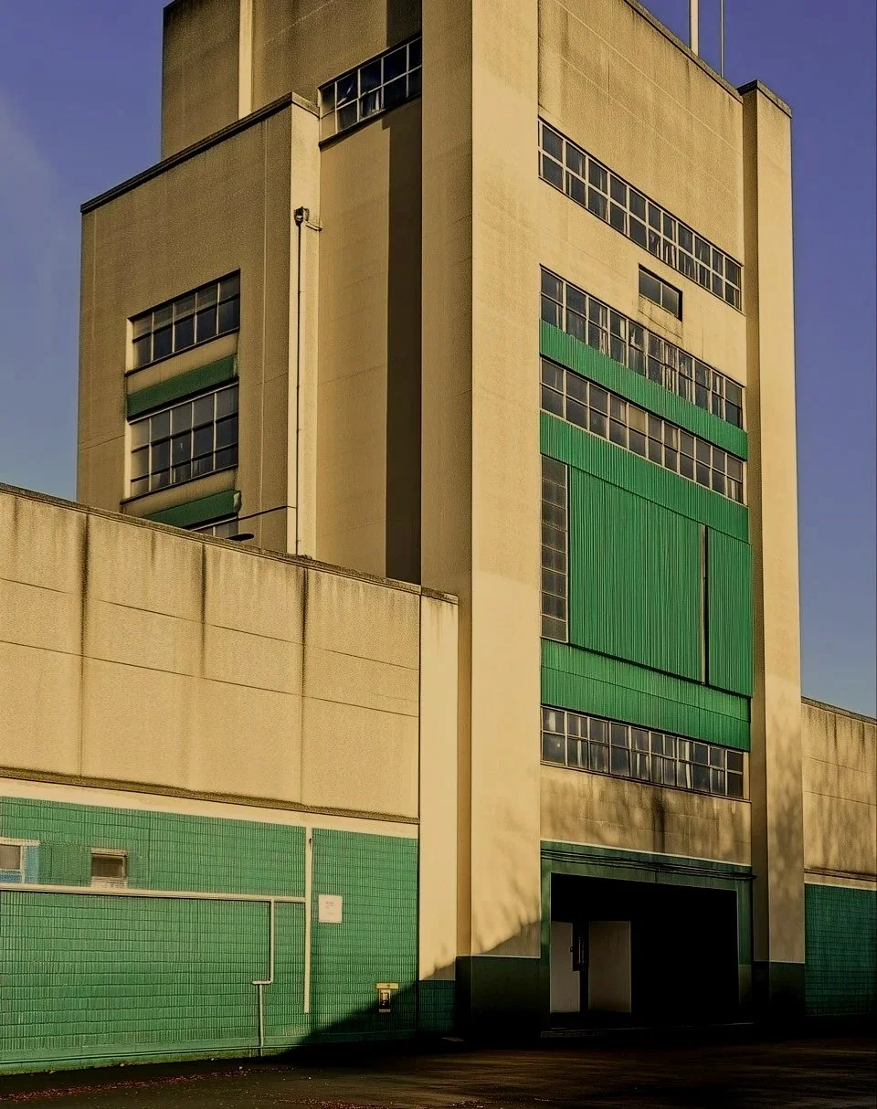 Tall building with green accents and horizontal windows, casting a shadow on the wall, under a clear blue sky.