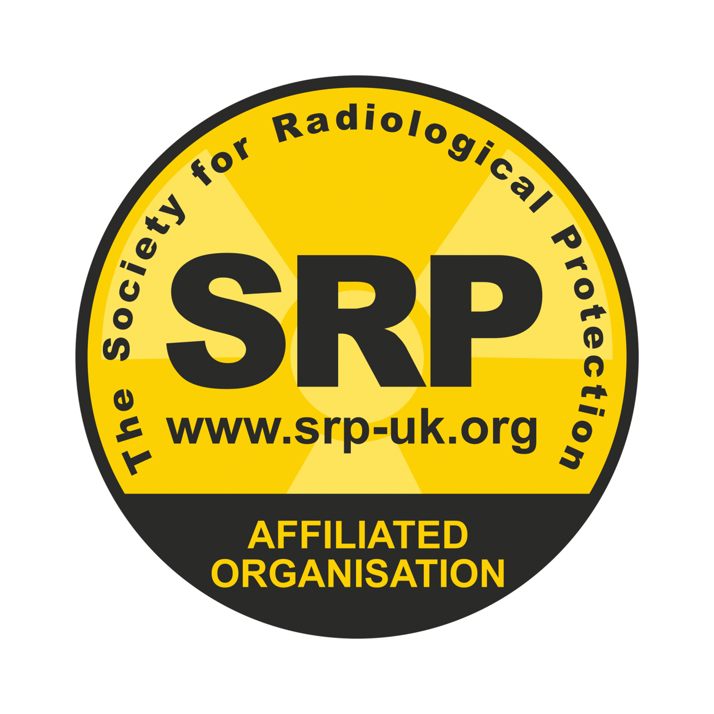 Yellow and black circular badge for the Society of Radiological Protection with the website www.srp-uk.org, featuring bold black text, and the words 'AFFILIATED ORGANISATION' at the bottom.