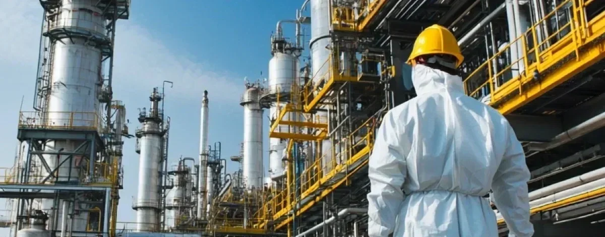 A worker in protective gear and helmet standing in an industrial refinery with tall pipes and machinery.