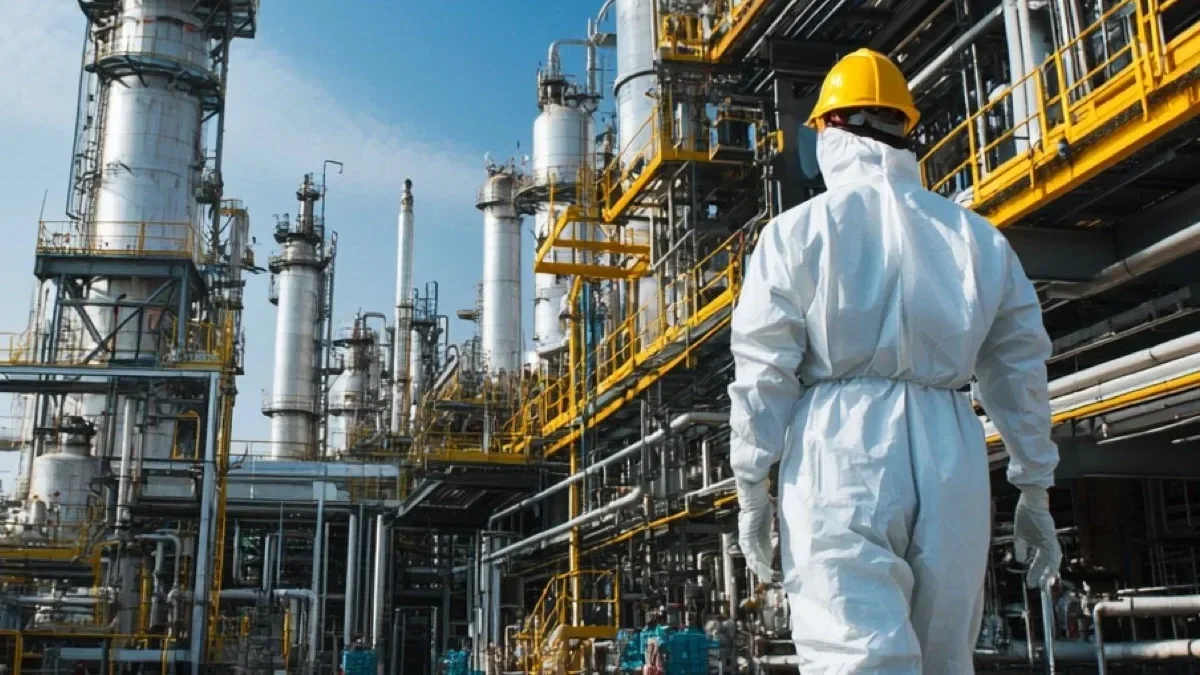 A RPA dressed in a white protective suit and yellow hard hat inspecting an industrial oil refinery or chemical plant with pipes and towers.