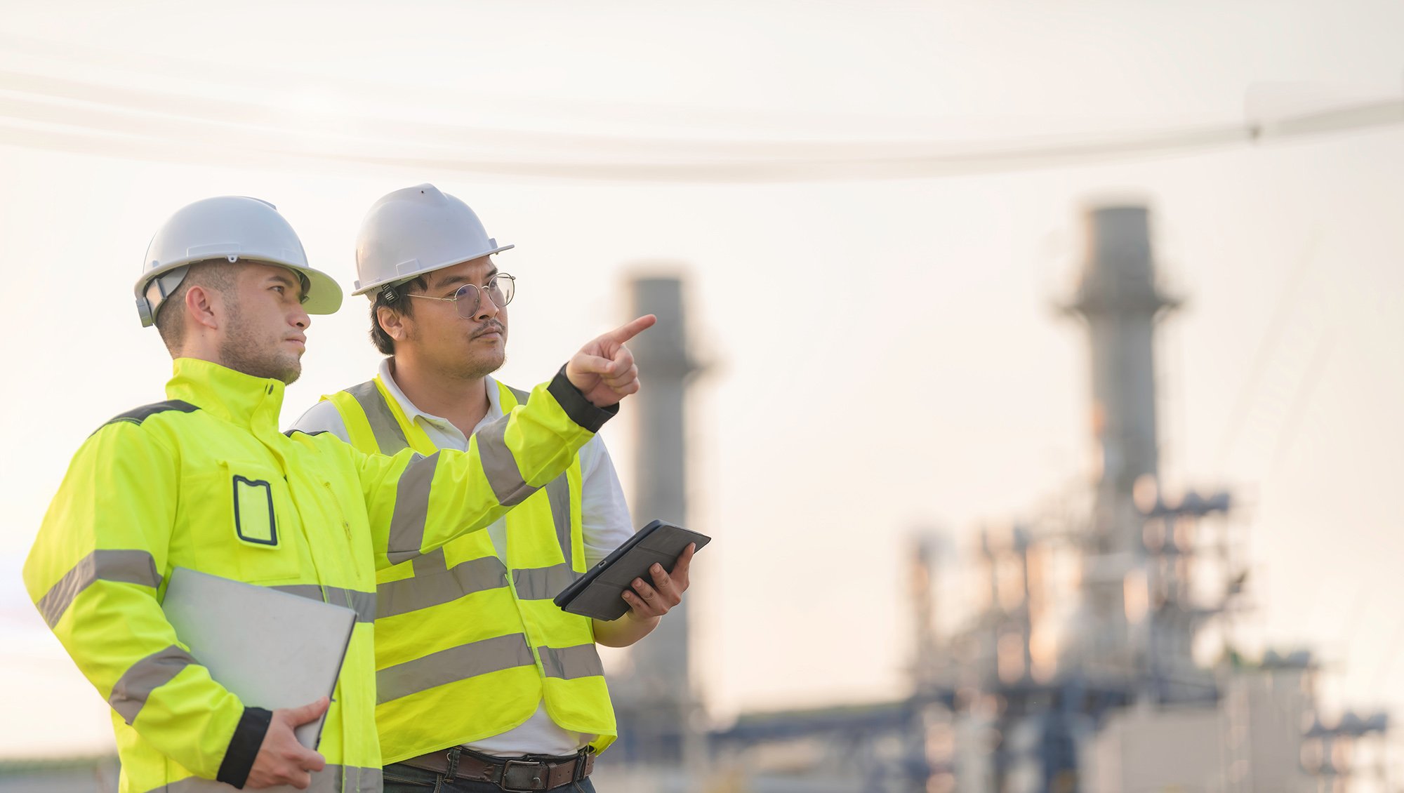 Two male workers in safety gear, hard hats, and high-visibility jackets inspecting an industrial site with offshore oil rigs in the background.