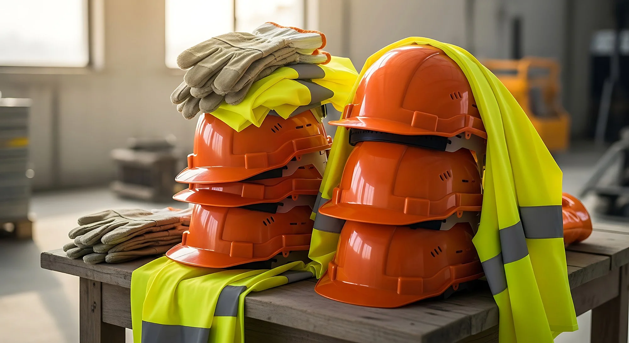 Construction safety gear including orange hard hats, yellow reflective vests, and work gloves stacked on a wooden table in a workshop or construction site.