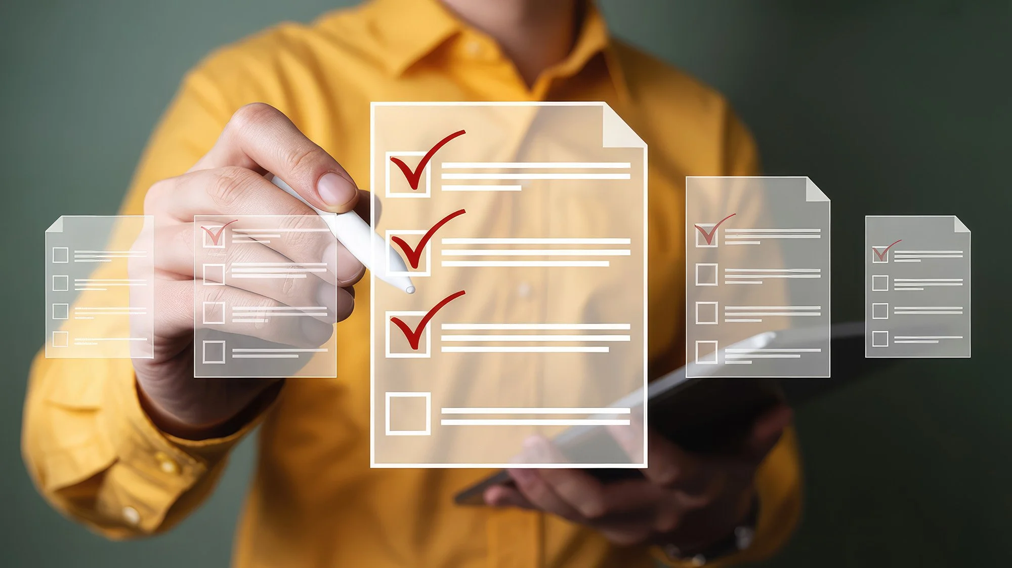 Person in yellow shirt selecting items on a virtual checklist with red checkmarks on a transparent digital interface.