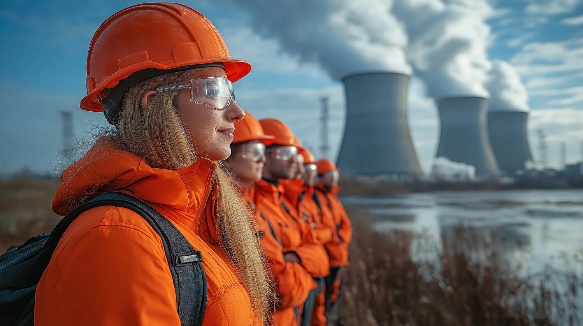 Group of four people wearing orange safety jackets and hard hats standing outdoors near a body of water with cooling towers emitting steam in the background.