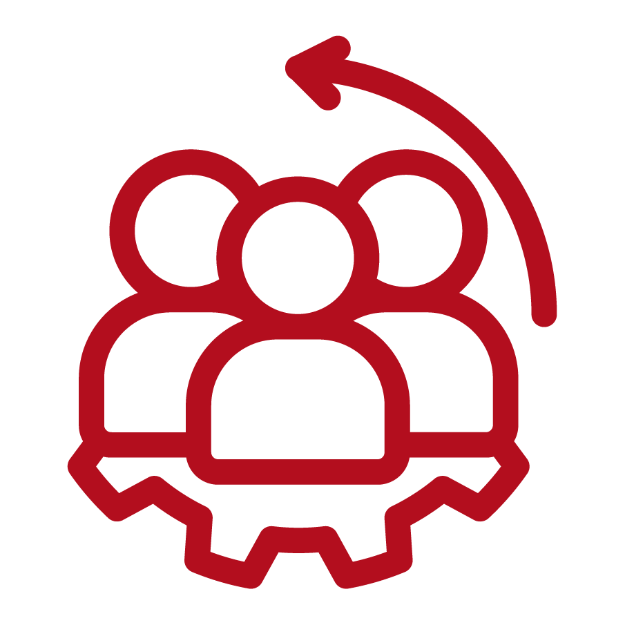 A graphic icon of three people connected by a gear at the bottom, with a circular arrow above, representing team management or group settings.