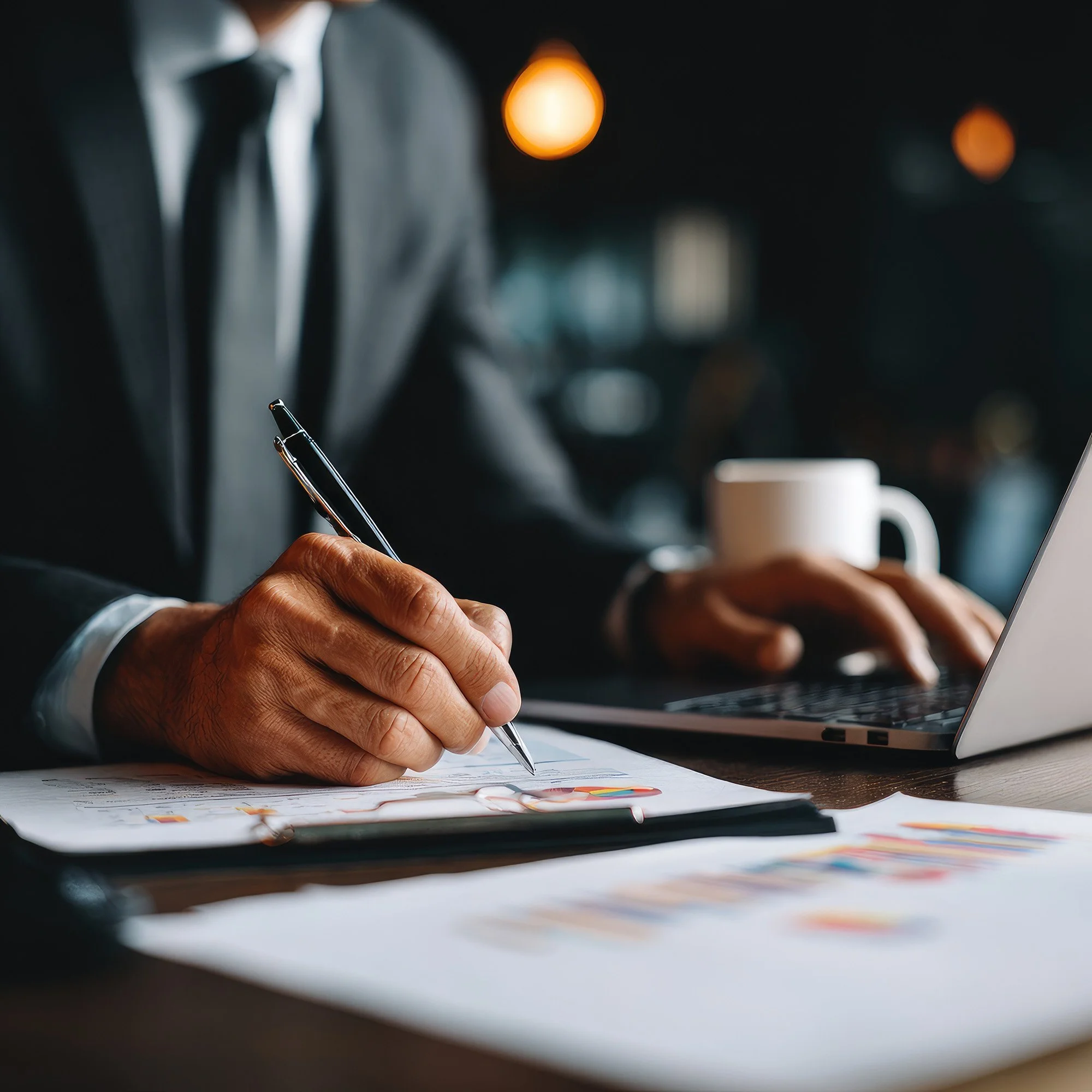 A person in a suit writing in a notebook with a pen, with a laptop and a coffee mug on the table.