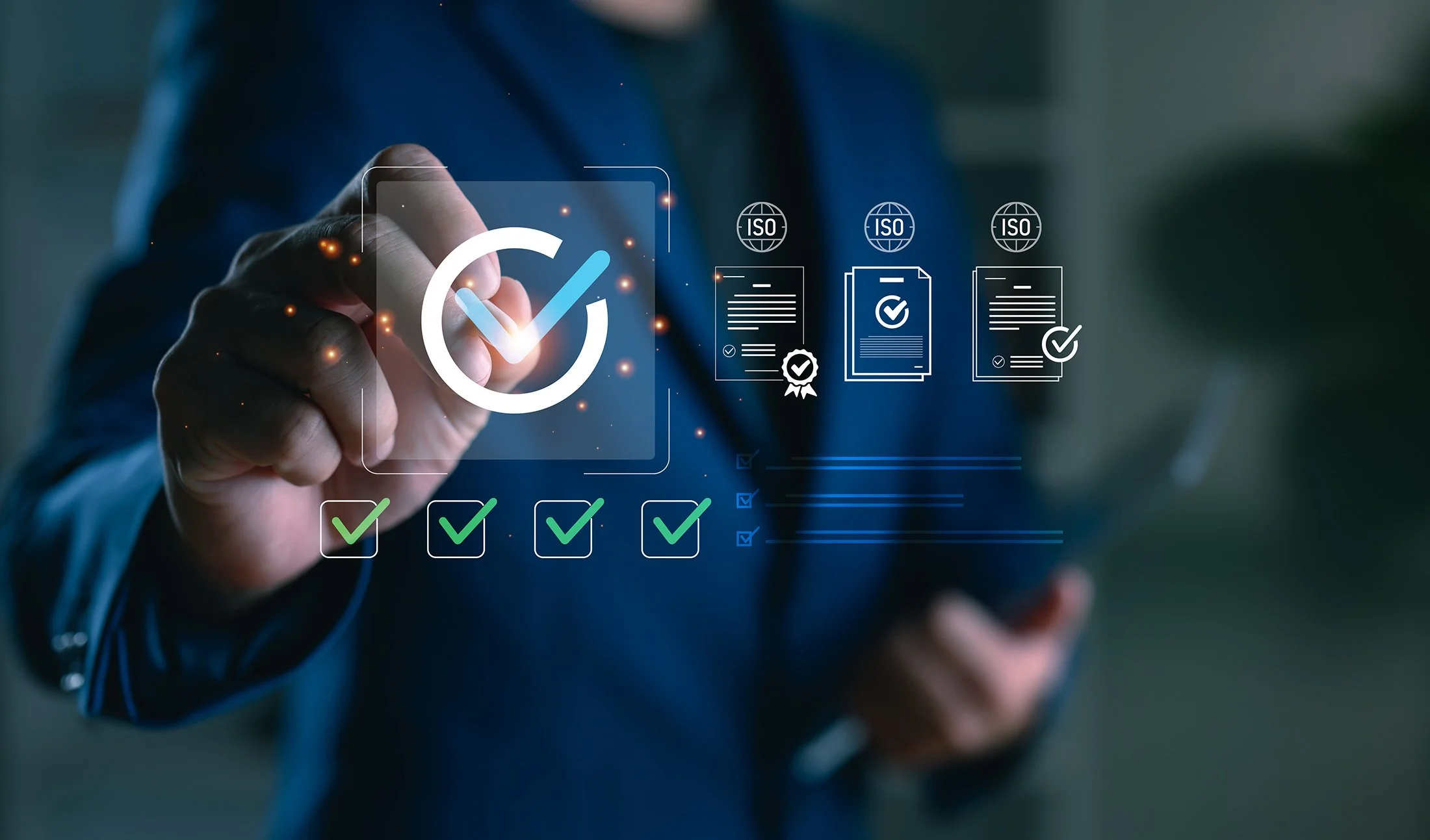 Person in a dark suit interacts with a digital interface on a transparent screen showing checkmarks, ISO documents, and a large checkmark icon.