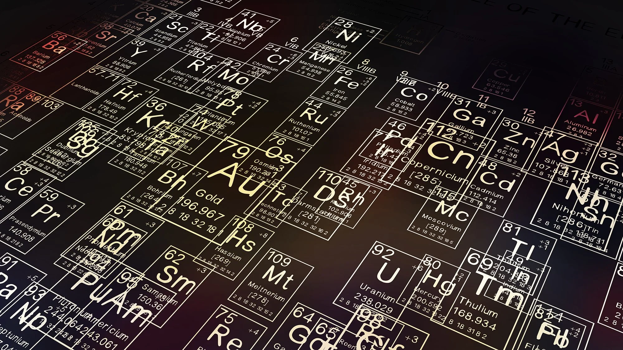 Part of a colorful periodic table of elements displayed on a dark background, showing various element symbols and atomic numbers.
