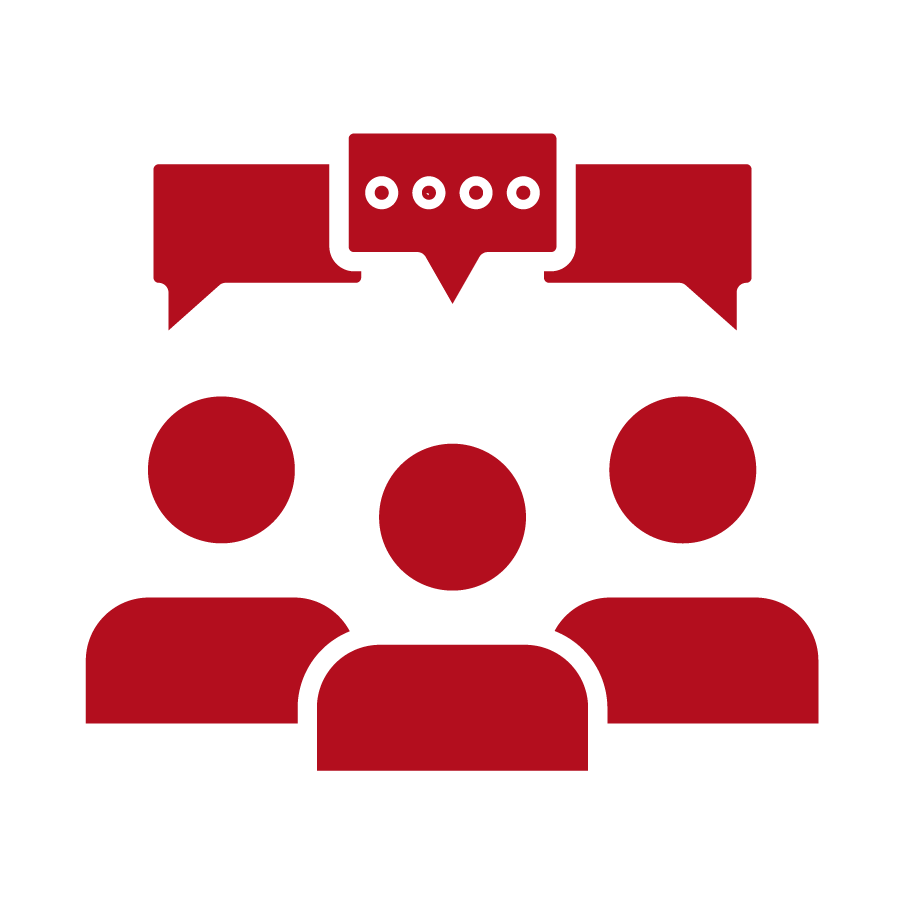 Icon of three people with discussion bubbles above their heads, representing communication or group discussion.