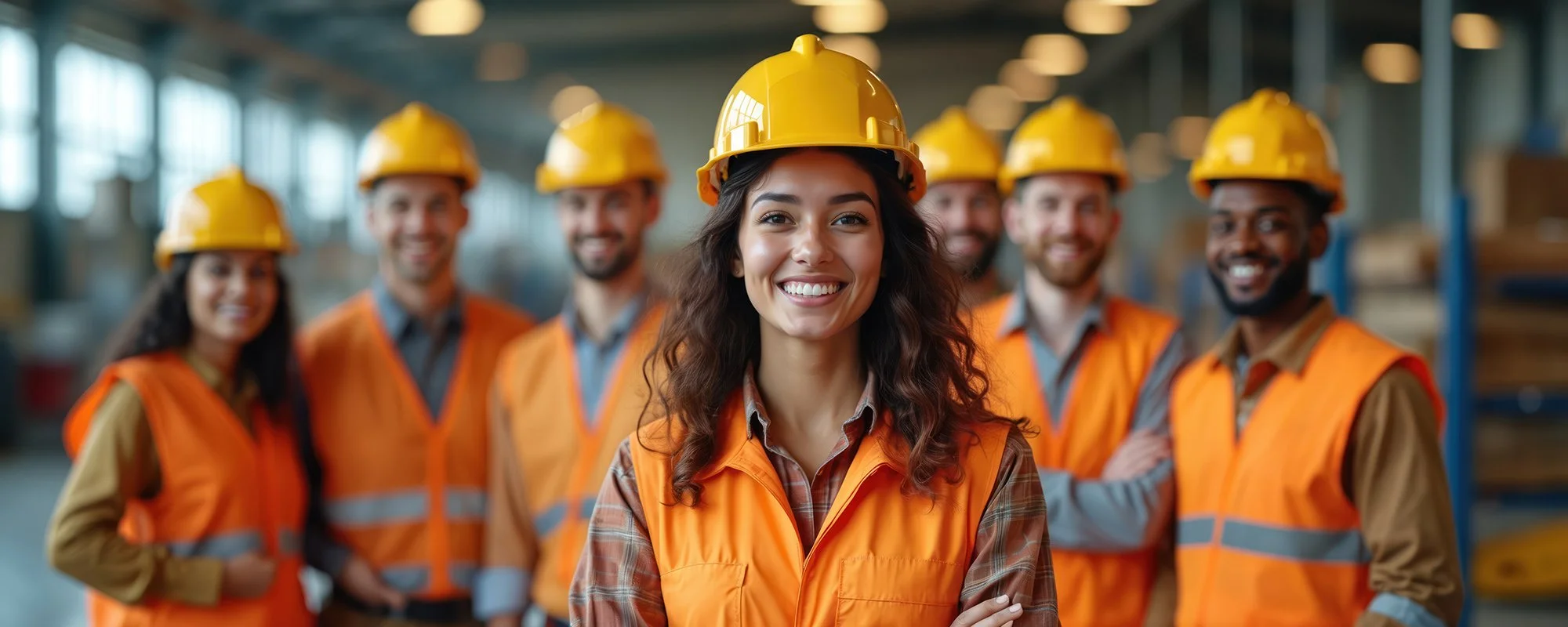 Group of six diverse factory workers wearing yellow safety helmets and orange safety vests inside a warehouse, smiling at the camera.