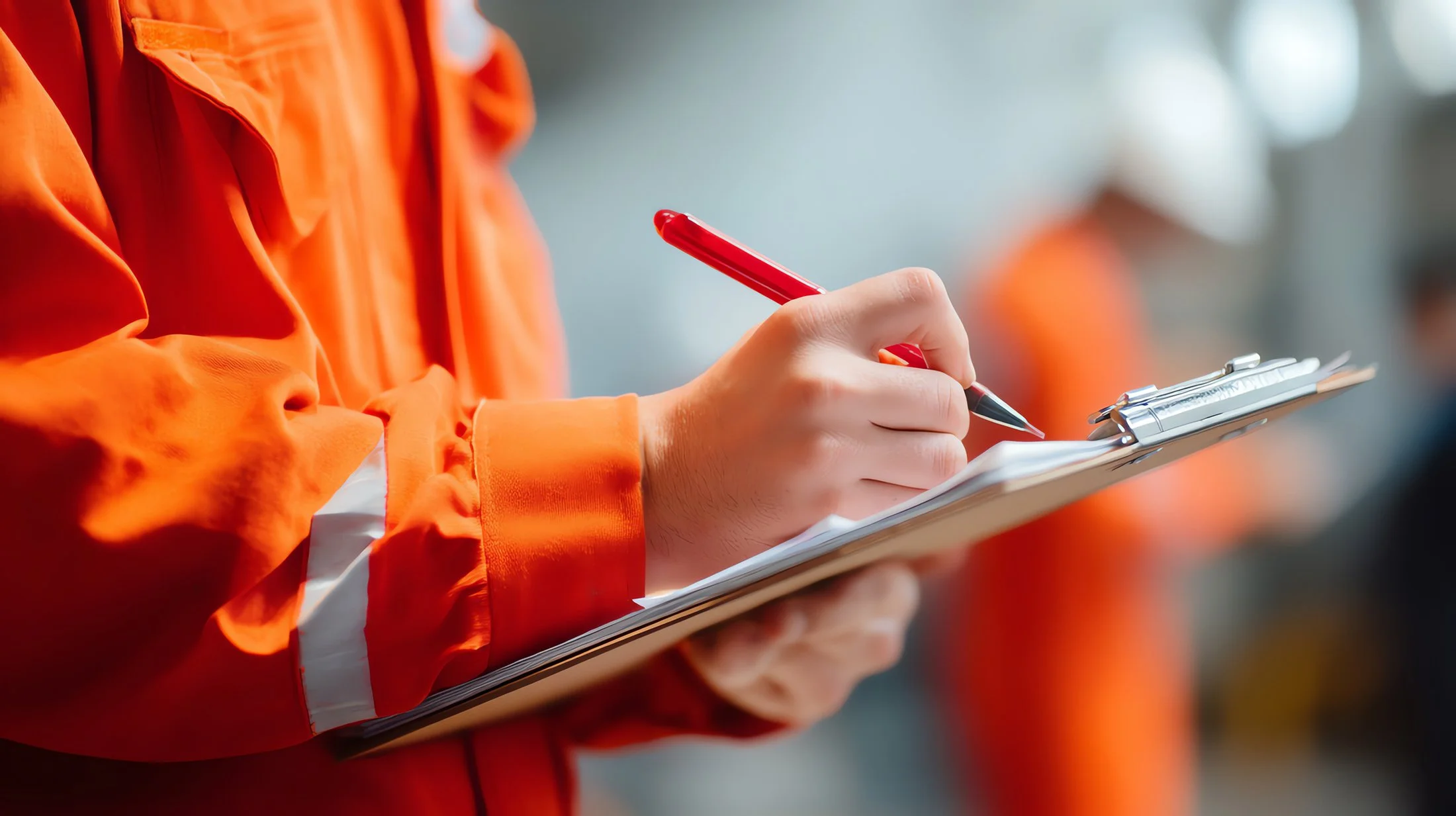 Person wearing an orange jacket writing on a clipboard with a red pen.