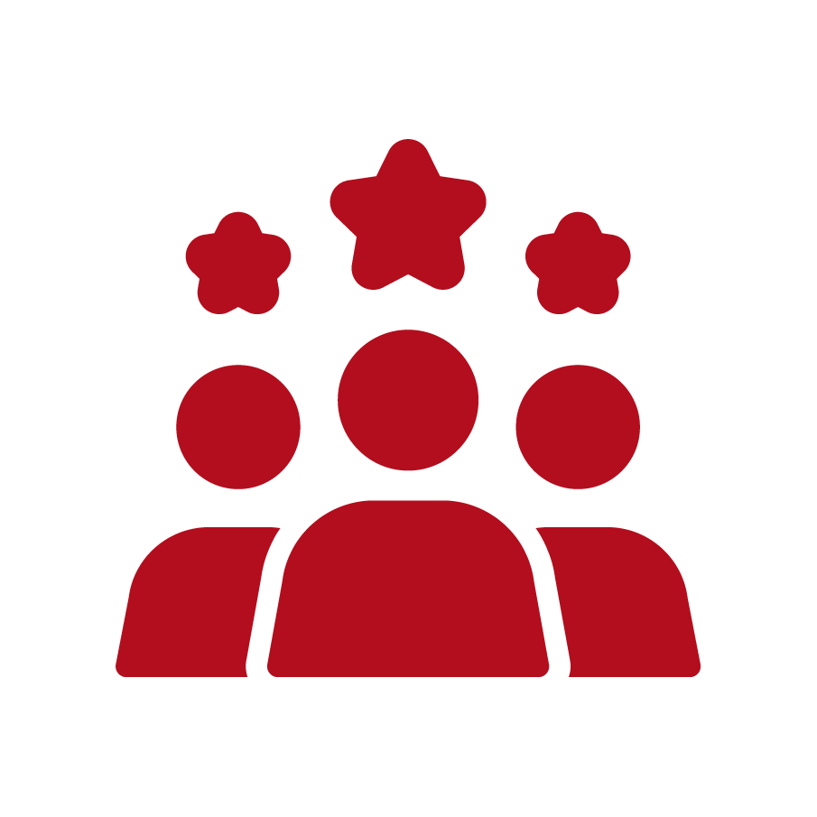 Icon of three red human figures with three red stars above them on a black background.