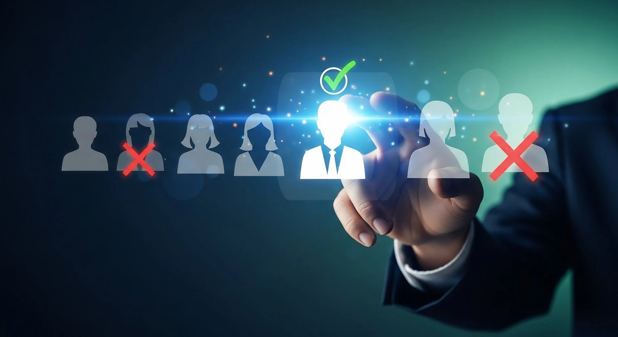 A businessperson in a suit interacts with a virtual selection of candidate profiles, highlighting the selected individual with a green checkmark and others marked with red Xs.