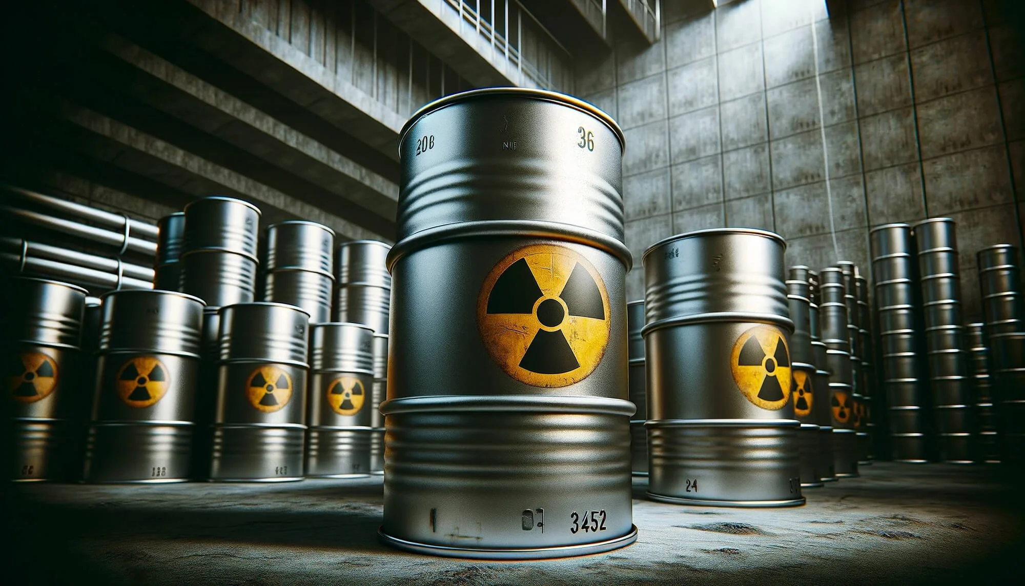 Several metal barrels with radioactive warning symbols stacked in an industrial storage room.