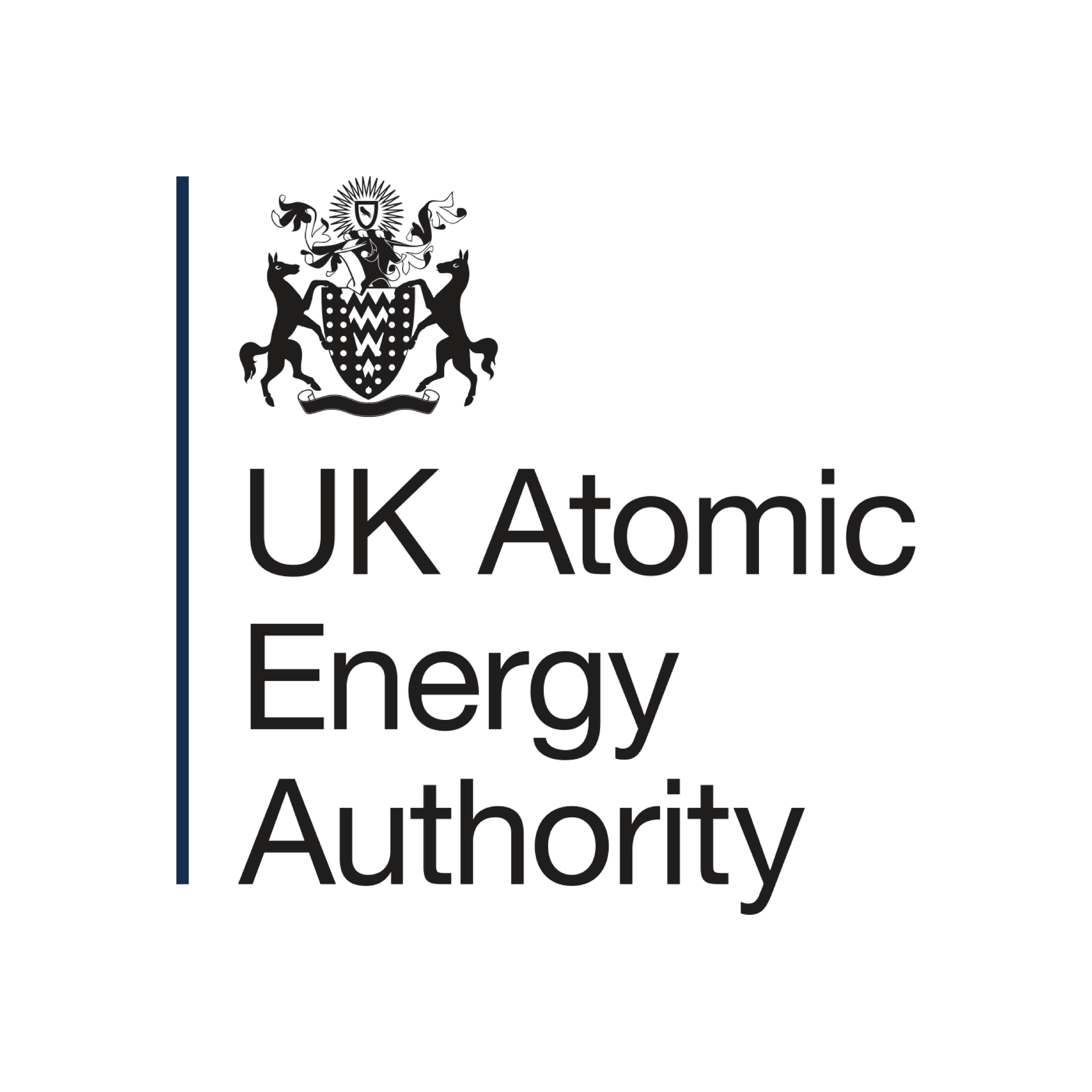 Logo of the UK Atomic Energy Authority featuring a shield with two lions and a figure with a radiating halo.