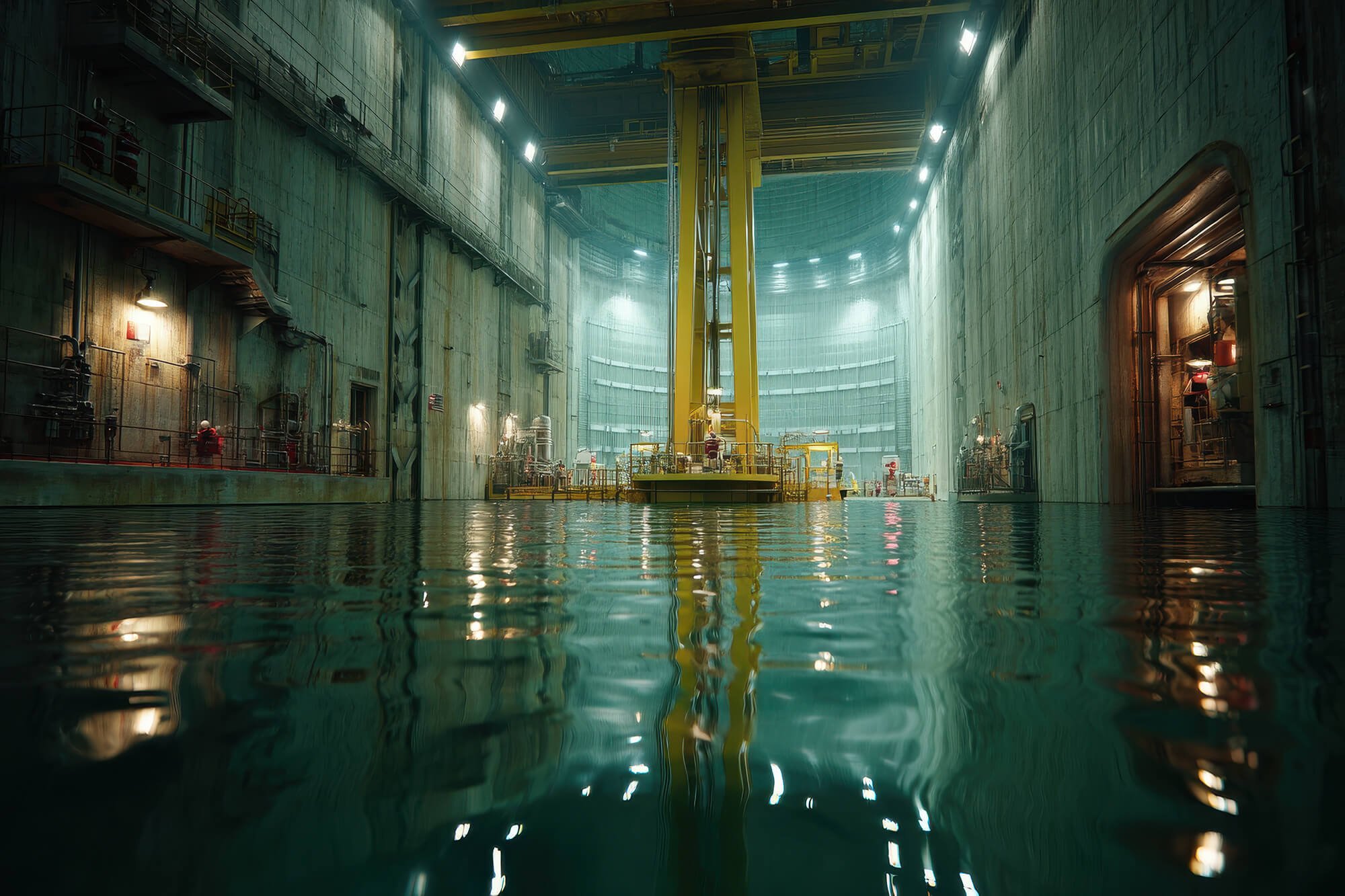 Inside a large industrial facility, possibly a water containment or nuclear containment area, with concrete walls and a partially submerged floor. There is a large yellow overhead crane positioned centrally, with various pipes, valve controls, and ma