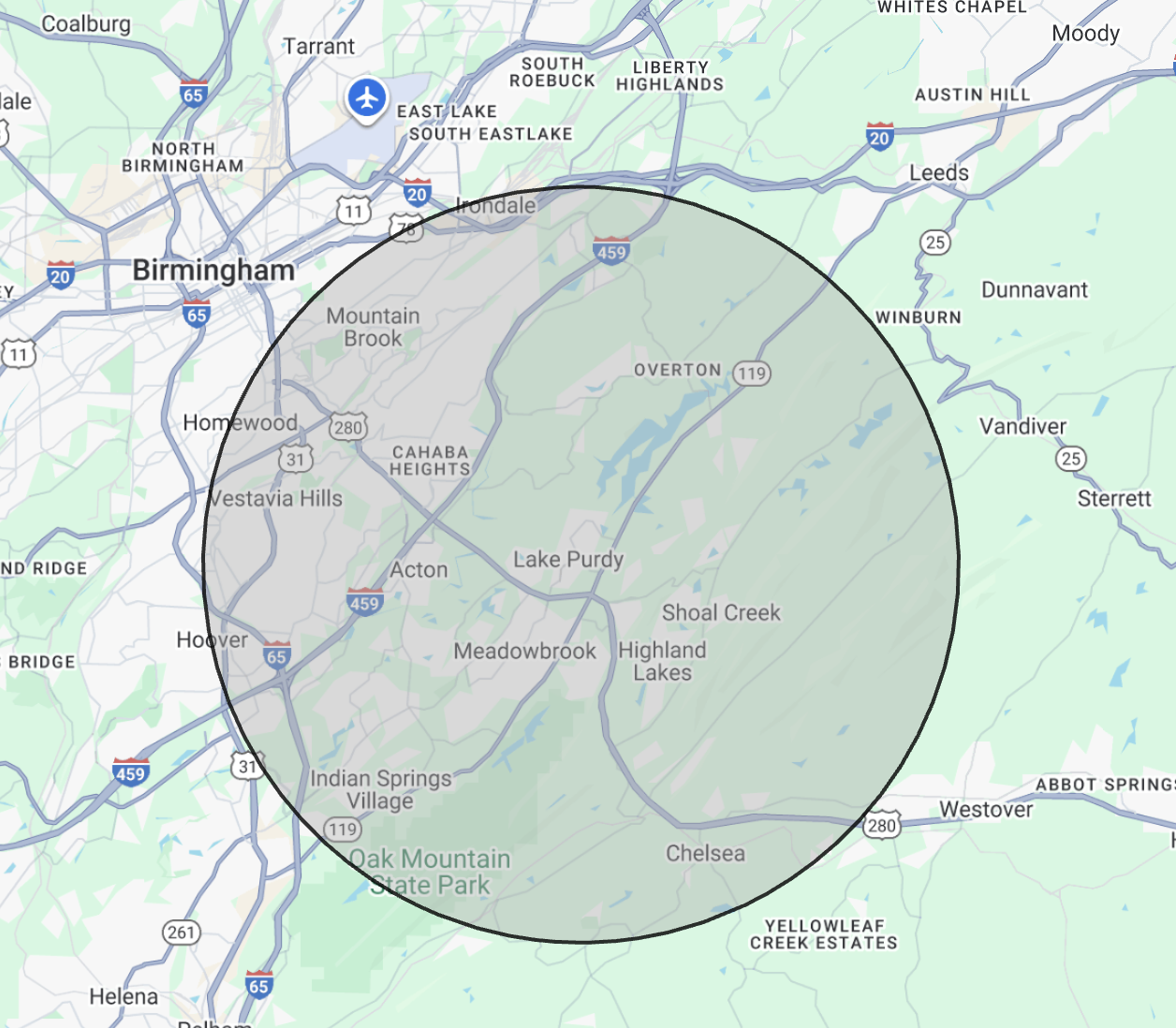 Map of the Birmingham, Alabama area showing a circular radius encompassing nearby neighborhoods such as Mountain Brook, Homewood, Hoover, and Indian Springs Village.