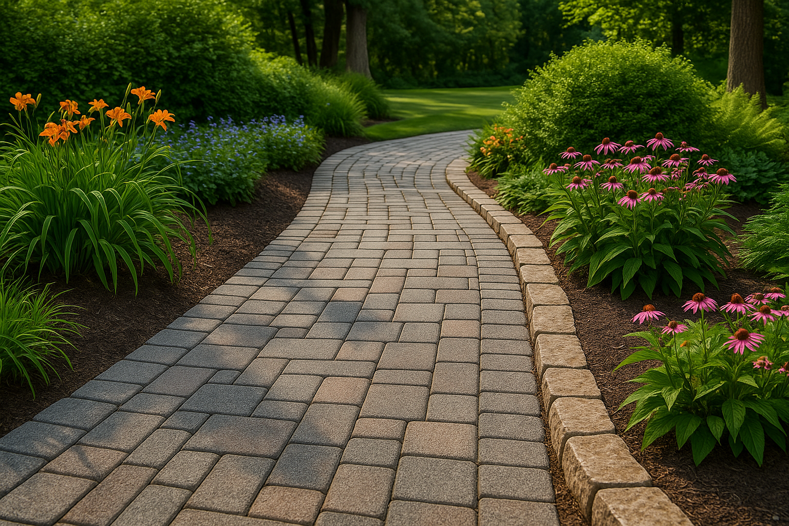 Curved brick walkway with interlock paving and landscaping – KENGRYD GROUP durable and stylish outdoor solutions in Barrie, GTA & surrounding areas.