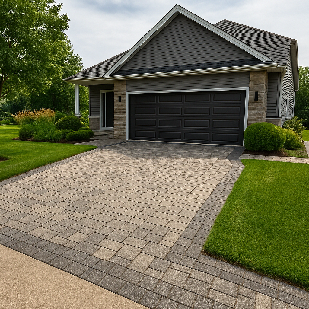 Modern residential home with gray siding, black garage door, and interlock driveway surrounded by green lawn and landscaping – KENGRYD GROUP outdoor construction and landscaping services in Barrie, GTA & surrounding areas.