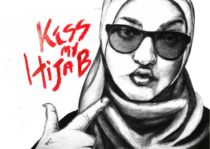 A black and white drawing of a woman wearing sunglasses and a headscarf, making a gun gesture with her hand. Behind her, a white poster with red text that says "Kiss my tijab."