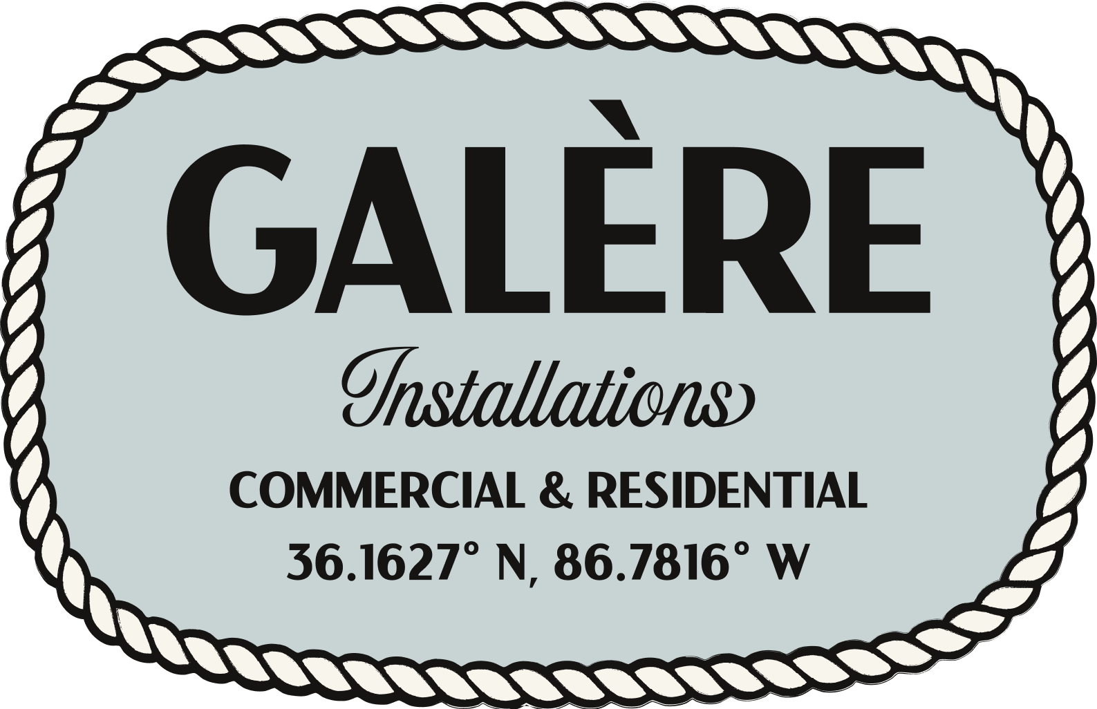 Rectangle with Galére Installations logo badge on blue background with commercial and residential tagline below