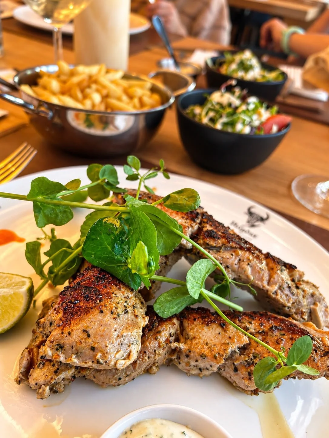 Huisgemaakte souvlaki van varkenshaasje met frietjes en slaatje bij Bogèst