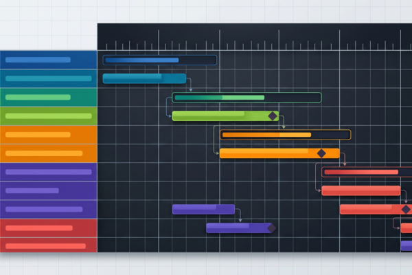 A colorful Gantt chart on a dark grid background with task bars of various colors and lengths, displaying project schedules.