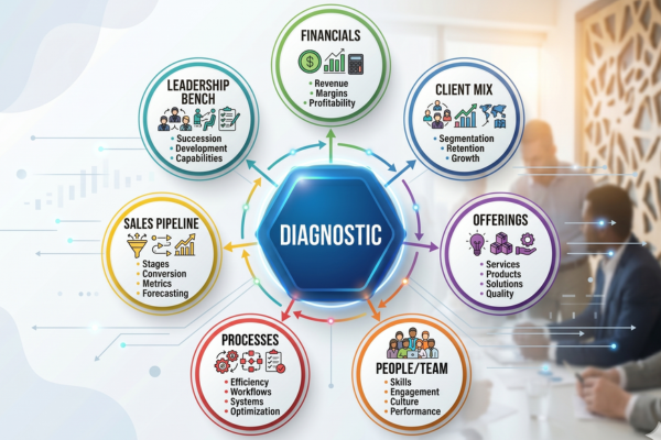 Digital business analysis diagram with a central hexagon labeled 'Diagnostic' surrounded by seven colored circles, each containing text and icons for different business aspects including Financials, Client Mix, Offerings, People/Team, Processes, Sales Pipeline, and Leadership Bench.