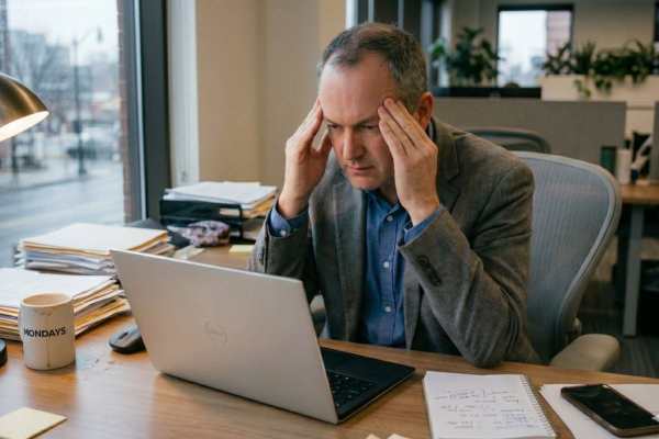 A man sitting at a cluttered office desk, holding his head with both hands, looking stressed while working on a laptop.