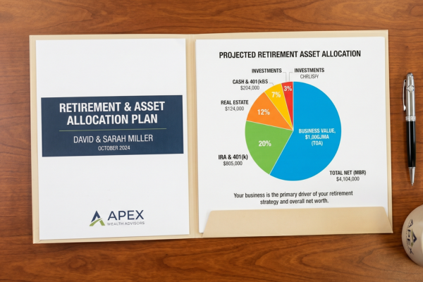 Open retirement and asset allocation plan booklet on a wooden table, with a black pen to the right.