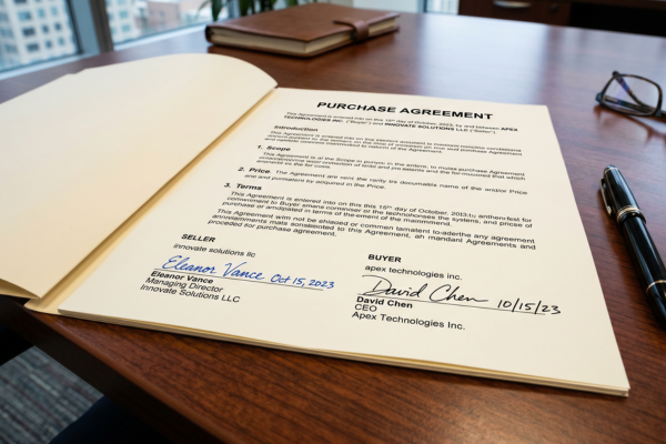 Open purchase agreement document on a wooden table with a pen, glasses, and a closed notebook nearby.